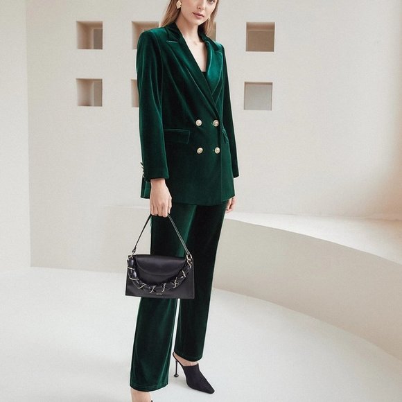 Green Preppy Womens Velvet Double Breasted Blazer - Picture 5 of 5